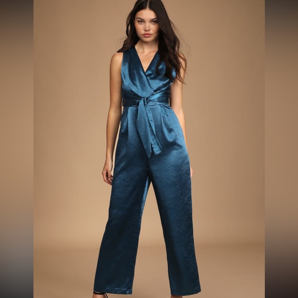 Lulu's Teal Satin V-Neck Jumpsuit with Waist Tie and Wide-Leg